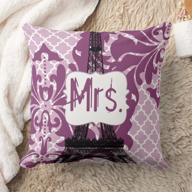 Plum Anpassningsbar Eiffel Torn Monogram Brides Pi Kudde (Filt)