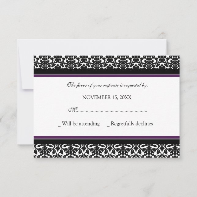 Plum Black Damask OSA Bröllop Card (Framsida)