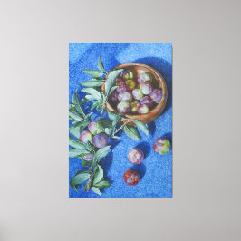 Plum Blommar Grenar på blå bakgrundsfärg Canvastryck