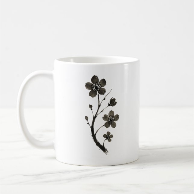 Plum Blommar Line Art - minimalt botaniskt Mugg (Vänster)