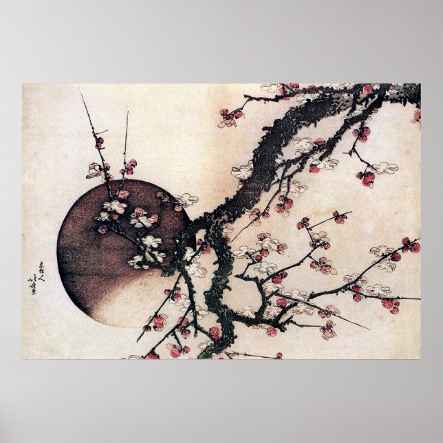 Plum Blommar och Måne, Hokusai Poster (Framsidan)