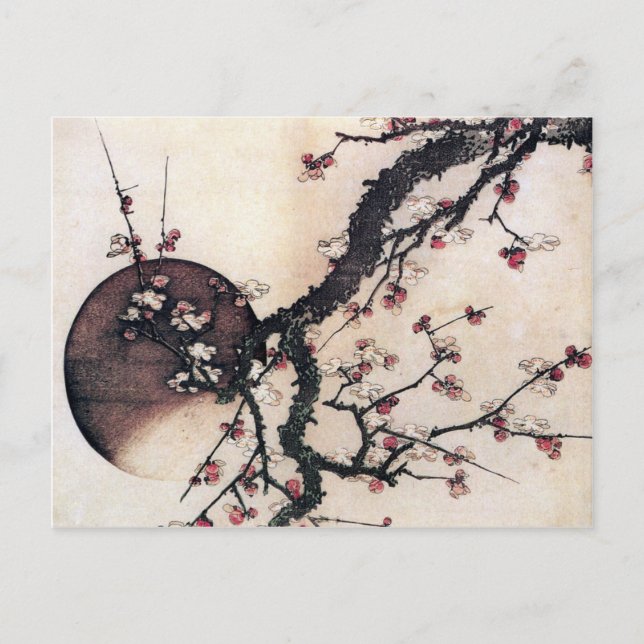 Plum Blommar och Måne, Hokusai Vykort (Framsida)