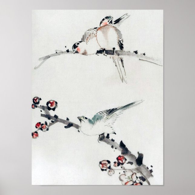 Plum Blommars and Birds, Hokusai, Ukiyo-e Poster (Framsidan)
