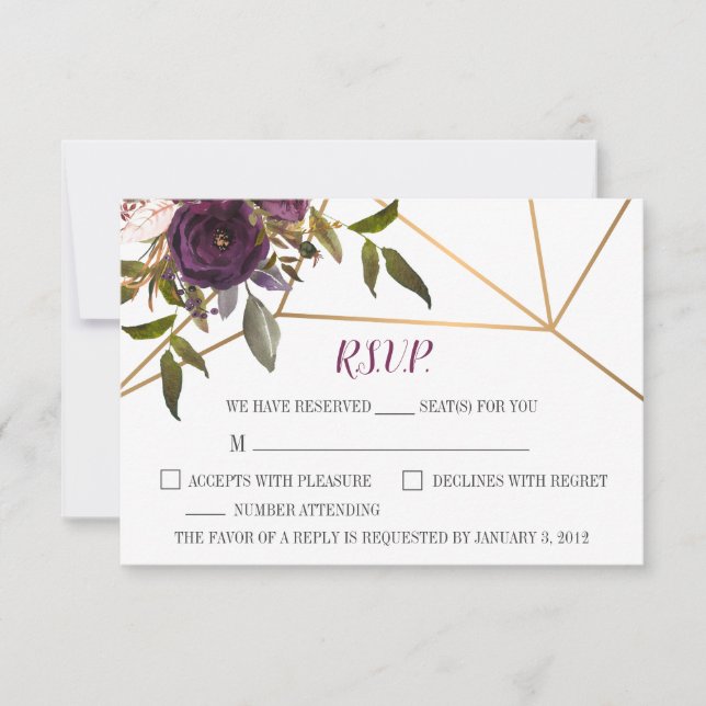 Plum Blommigt Faux Guld Geometric Bröllop OSA Card Kort (Framsida)