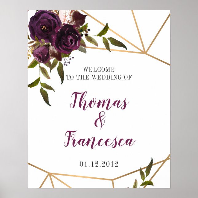 Plum Blommigt Faux Guld Geometric Welcome Sign 16x Poster (Framsidan)