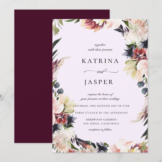  Plum Blommigt Ram Bröllop Inbjudningar (Fram/baksida)