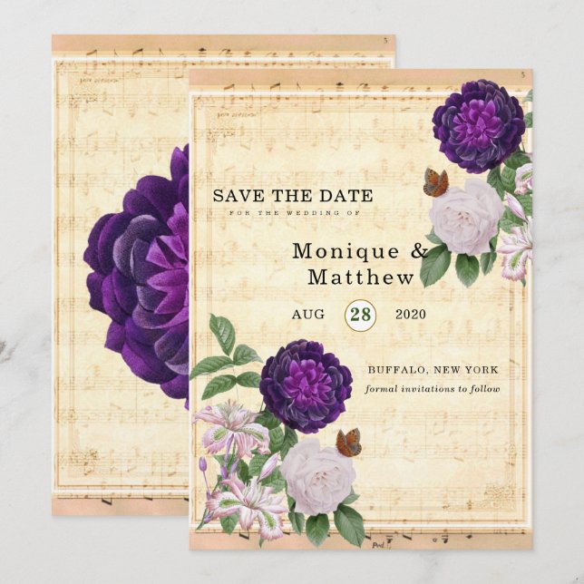Plum Blommigt Vintage Lakan Music Spara datum Inbjudningar (Fram/baksida)
