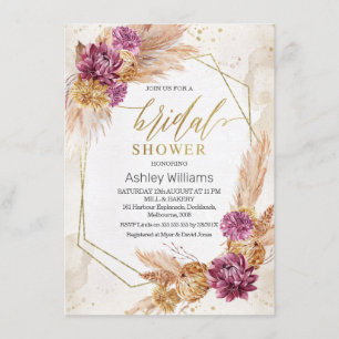 Plum Boho Pampas Grass Geometric Möhippa Inbjudningar