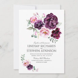 Plum Burgundy och  Blommigt Vattenfärg Bröllop Inbjudningar