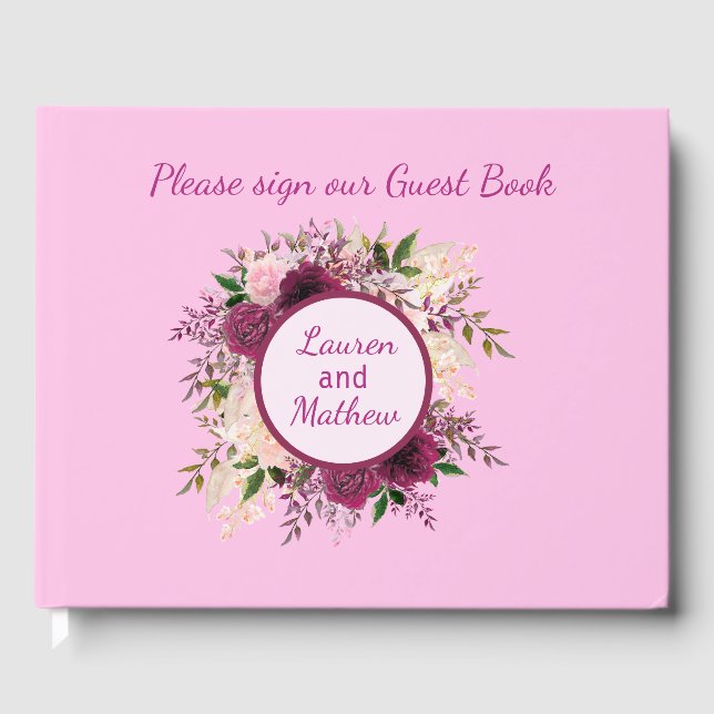 Plum Burgundy  Rosa Blommigt Guest Bok (Framsida)