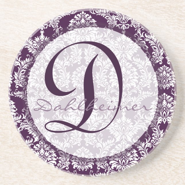 Plum Damask Monogram Bröllop-årsdagen Underlägg Sandsten (Framsidan)