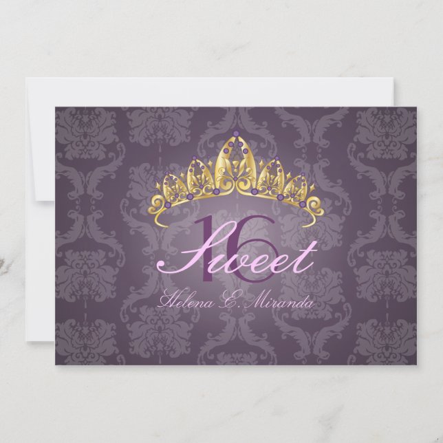 Plum Damask Sweet 16/ tiara/ametyst inbjudningar (Framsida)