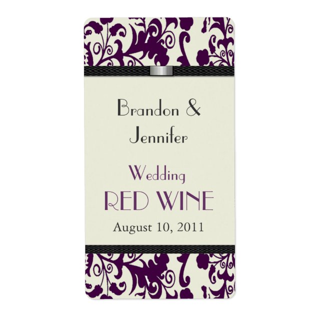 Plum Damask Wedding Mini Vin-etiketter Fraktsedel (Framsidan)