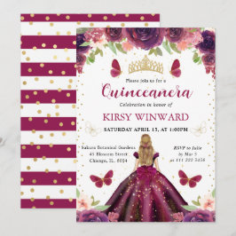 Plum Dress Blonde Princess Quinceanera Inbjudningar