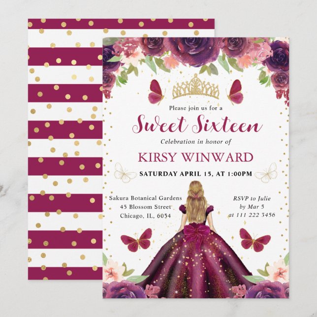 Plum Dress Blonde Princess Sweet 16 Inbjudningar (Fram/baksida)