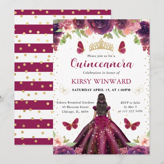 Plum Dress Mörk Skin Princess Quinceanera Inbjudningar (Fram/baksida)
