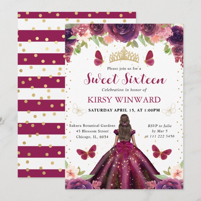 Plum Dress Mörk Skin Princess Sweet 16 Inbjudningar (Fram/baksida)