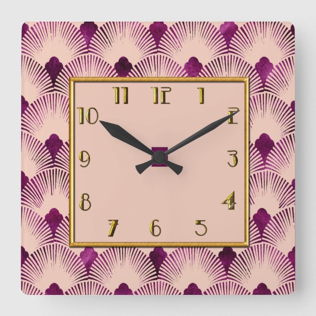 Plum färgad Art Deco Stil Square Clock Fyrkantig Klocka (Framsida)