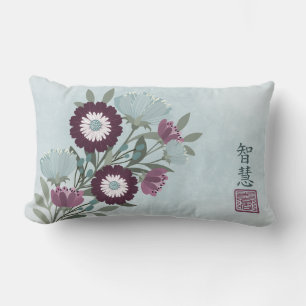 Plum gerbera daisy blue blommigt bouquet Asian art Lumbarkudde