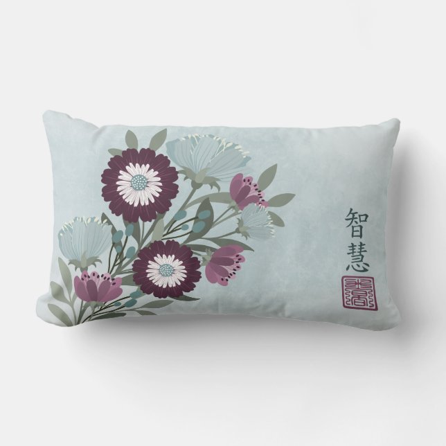 Plum gerbera daisy blue blommigt bouquet Asian art Lumbarkudde (Framsida)