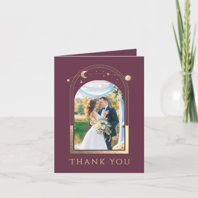Plum Gold Celestial Photo Wedding Tack Kort (Framsida)