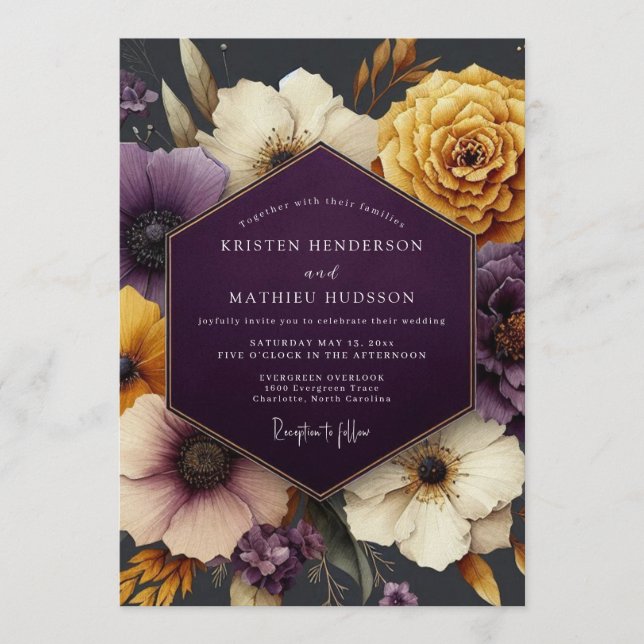 Plum & Gold Moody Floral Wedding Inbjudningar (Framsida)