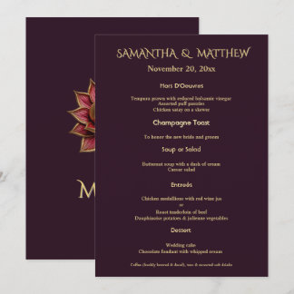 Plum Gold Wedding Menu Elegant Portrait Card Meny