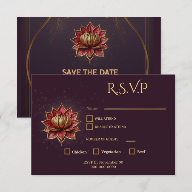 Plum Gothic Spara datum Elegant Guld Lotus OSA Kort (Fram/baksida)