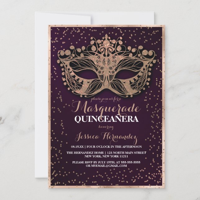 Plum Guld Glitter confetti MasqueraQuinceañera Inbjudningar (Framsida)