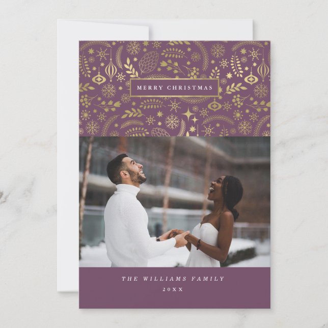Plum + Guld-jaktkort för vinter-fotografi Julkort (Framsida)