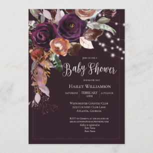 Plum, Guld, Lila Blommigt String Light Baby Shower Inbjudningar