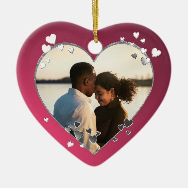 Plum Hearts och Ribbon Photo Julgransprydnad Keramik (Framsidan)