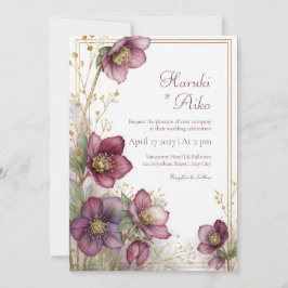 Plum Hellebore Gold Glitter Botanical Frame Inbjudningar