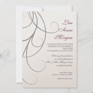 Plum i Silver Löv Swirl Damask 2 Studenten Inbjudningar