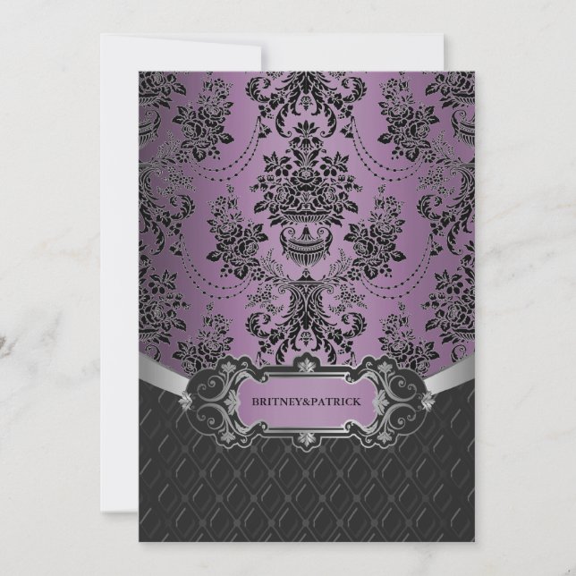 Plum Lapis Lila Black Damask Wedding bjudanden Inbjudningar (Framsida)