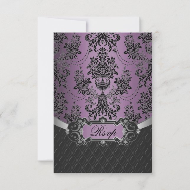 Plum Lapis Lila Black Damask Wedding OSA kort (Framsida)