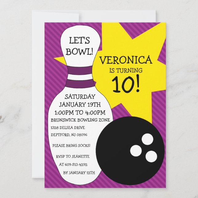 Plum Lila Bash Bowling Födelsedagsfest Inbjudningar (Framsida)