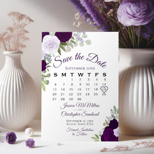 Plum Lila Blommigt Elegant Boho Bröllop Calendar Spara Datumet
