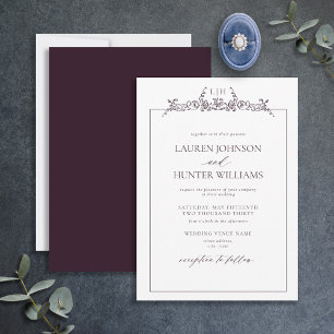 Plum Lila Blommigt Gräns Monogram Bröllop Inbjudningar