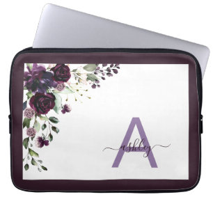 Plum Lila Blommigt Skript Namn Monogram Initial  Laptop Fodral
