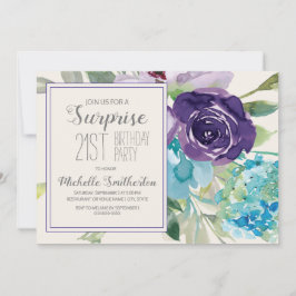 Plum Lila Blue Blommigt Surprise 21:a födelsedagen Inbjudningar