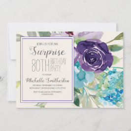 Plum Lila Blue Blommigt Surprise 80:e födelsedagen Inbjudningar