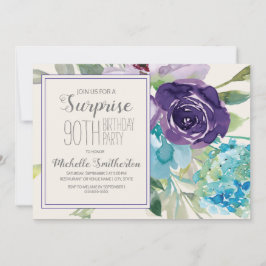 Plum Lila Blue Blommigt Surprise 90:e Birthday Inbjudningar