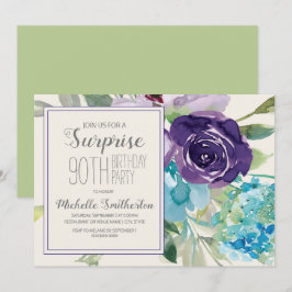 Plum Lila Blue Blommigt Surprise 90:e Birthday Inbjudningar