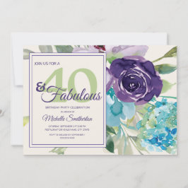 Plum Lila Blue Watercolor Blommigt 40 och Fabulous Inbjudningar