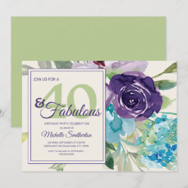 Plum Lila Blue Watercolor Blommigt 40 och Fabulous Inbjudningar