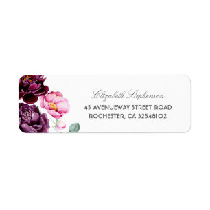 Plum Lila Burgundy och  Blommigten Bröllop Returadress Etikett