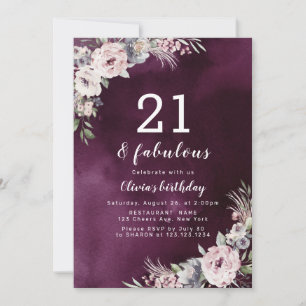 Plum lila & dammig rosa boho blommigt 21:a födelse inbjudningar