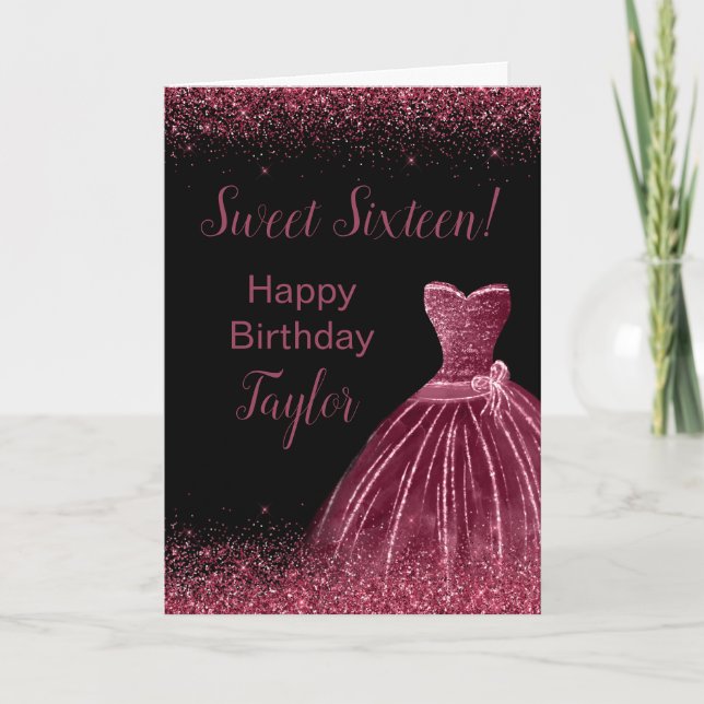 Plum Lila Dress Faux Glitter Sweet 16 Birthday Kort (Framsida)