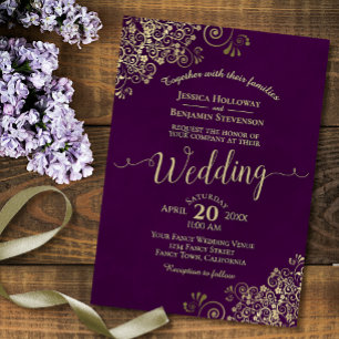 Plum Lila Elegant Lacy Guld Calligraphy Bröllop Inbjudningar